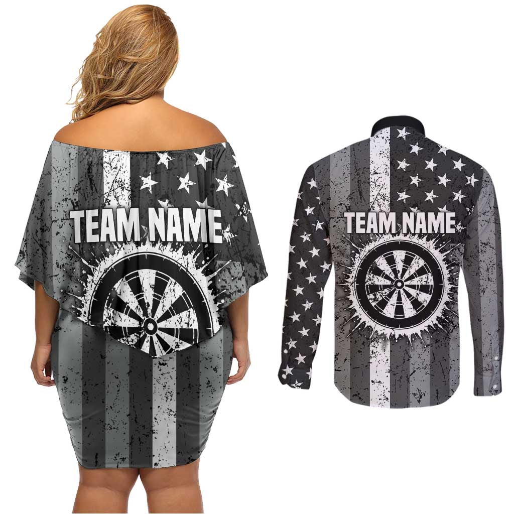 Grunge American Flag Darts Couples Matching Off Shoulder Short Dress and Long Sleeve Button Shirt with Dartboard Target and Black White Stars - Wonder Print Shop