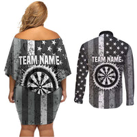 Grunge American Flag Darts Couples Matching Off Shoulder Short Dress and Long Sleeve Button Shirt with Dartboard Target and Black White Stars - Wonder Print Shop