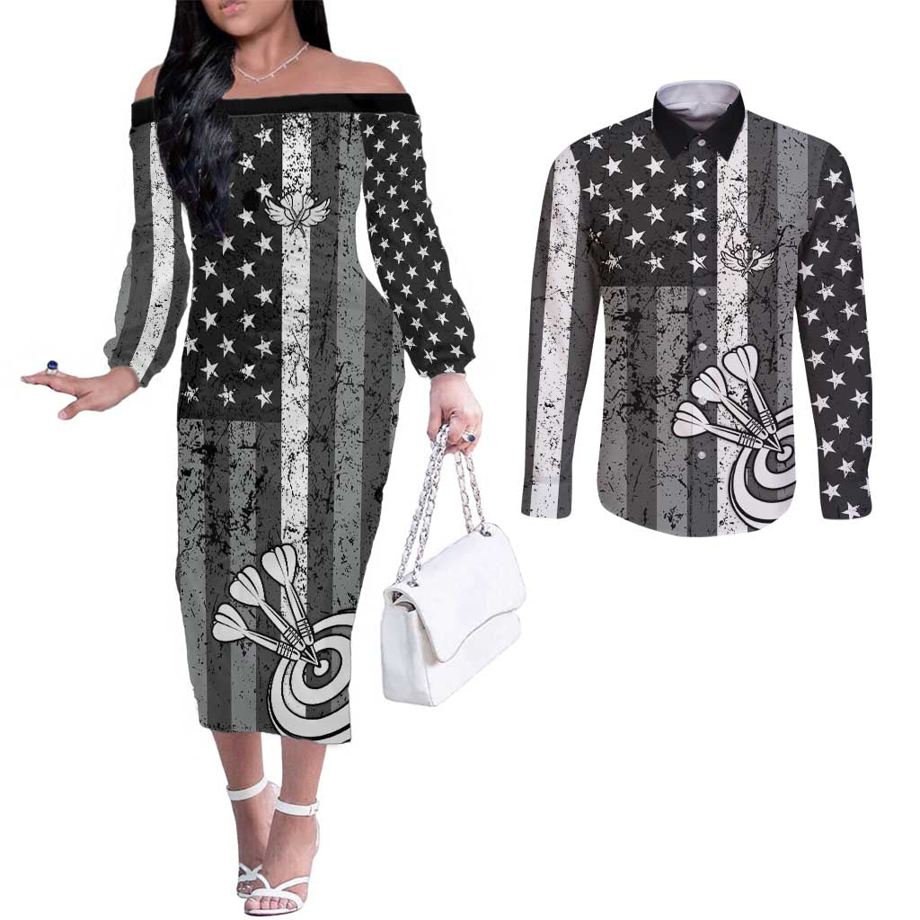 Grunge American Flag Darts Couples Matching Off The Shoulder Long Sleeve Dress and Long Sleeve Button Shirt with Dartboard Target and Black White Stars - Wonder Print Shop