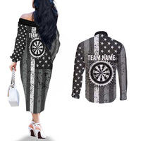 Grunge American Flag Darts Couples Matching Off The Shoulder Long Sleeve Dress and Long Sleeve Button Shirt with Dartboard Target and Black White Stars - Wonder Print Shop