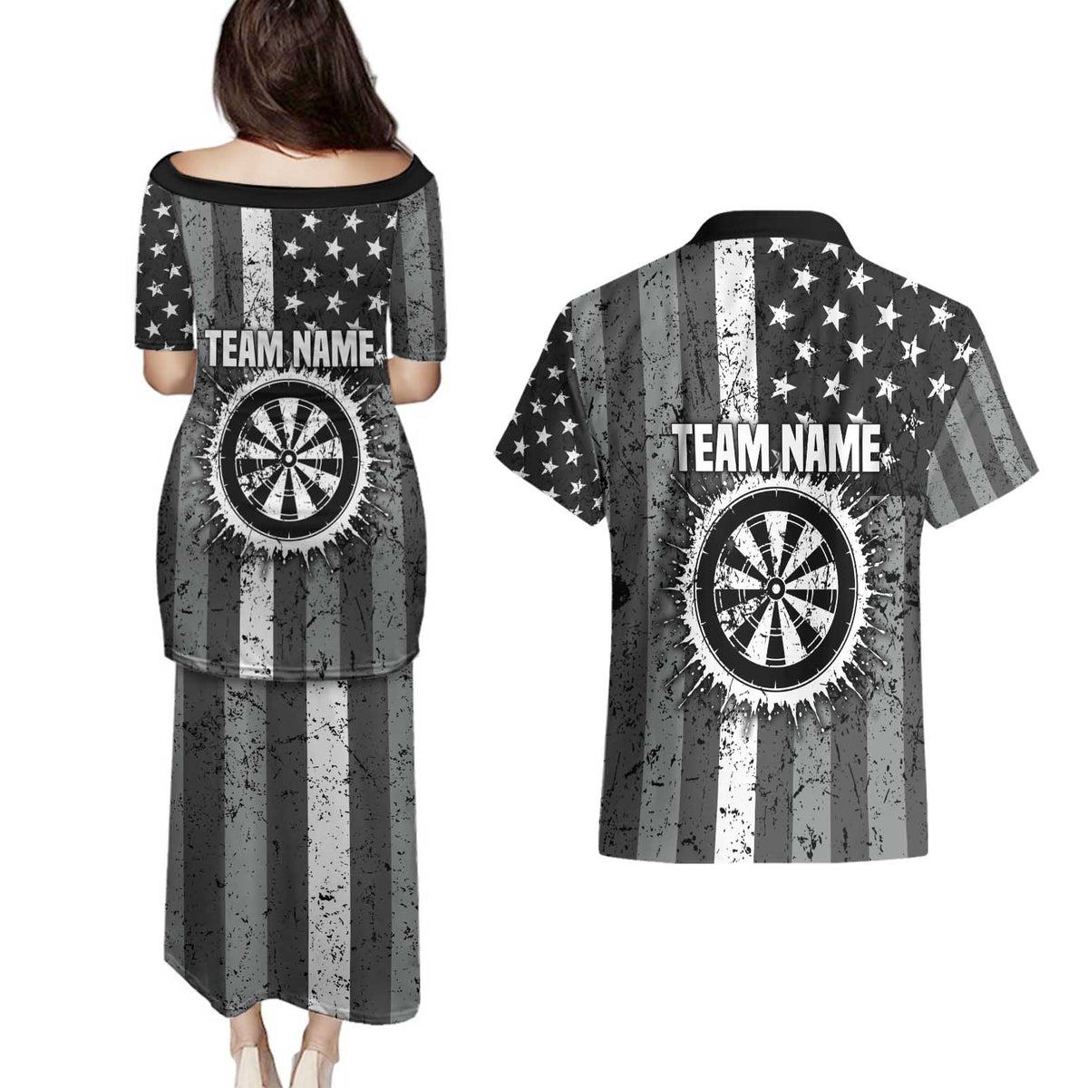 Grunge American Flag Darts Couples Matching Puletasi and Hawaiian Shirt with Dartboard Target and Black White Stars - Wonder Print Shop