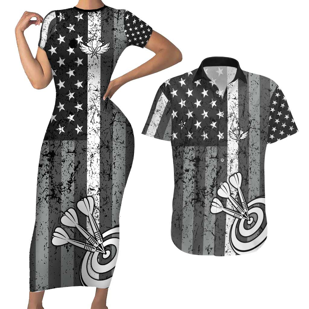 Grunge American Flag Darts Couples Matching Short Sleeve Bodycon Dress and Hawaiian Shirt with Dartboard Target and Black White Stars - Wonder Print Shop