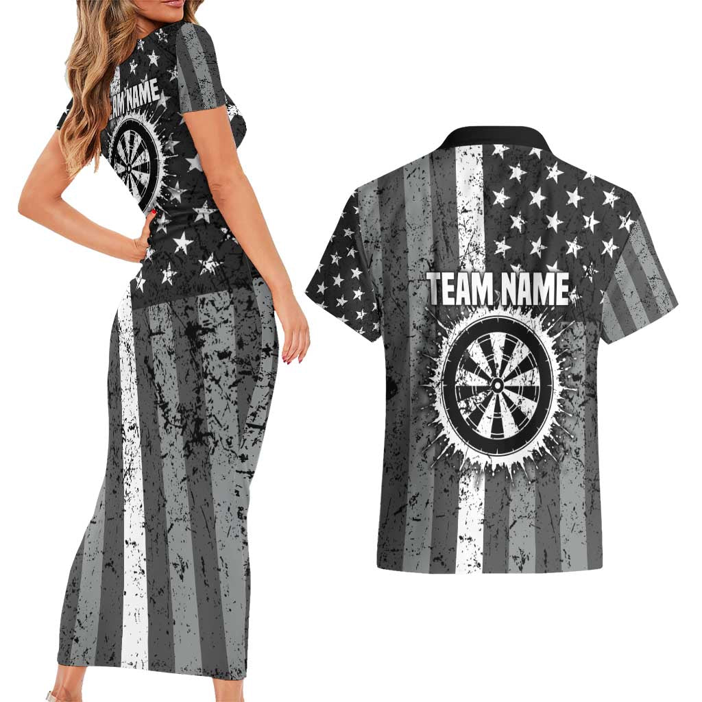 Grunge American Flag Darts Couples Matching Short Sleeve Bodycon Dress and Hawaiian Shirt with Dartboard Target and Black White Stars - Wonder Print Shop