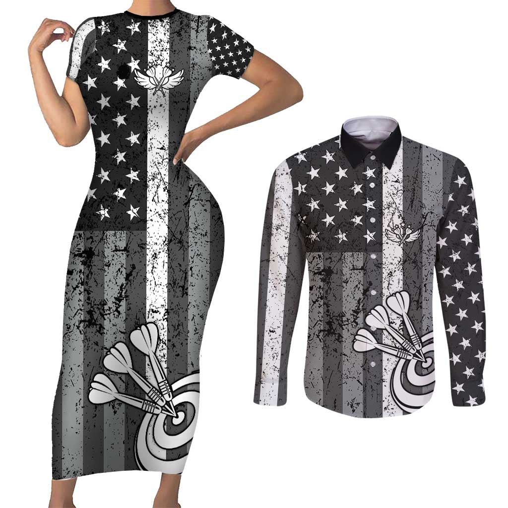 Grunge American Flag Darts Couples Matching Short Sleeve Bodycon Dress and Long Sleeve Button Shirt with Dartboard Target and Black White Stars - Wonder Print Shop