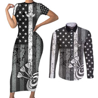 Grunge American Flag Darts Couples Matching Short Sleeve Bodycon Dress and Long Sleeve Button Shirt with Dartboard Target and Black White Stars - Wonder Print Shop
