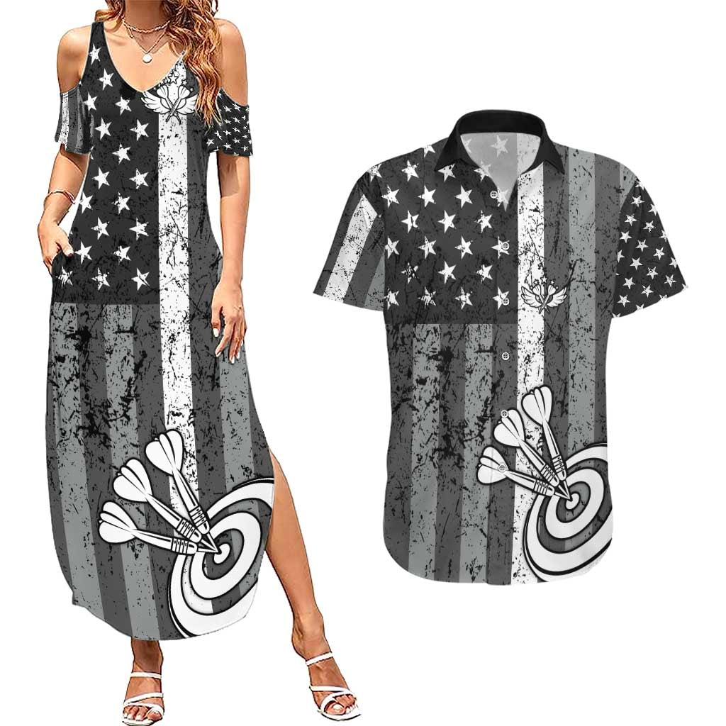 Grunge American Flag Darts Couples Matching Summer Maxi Dress and Hawaiian Shirt with Dartboard Target and Black White Stars - Wonder Print Shop