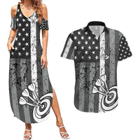 Grunge American Flag Darts Couples Matching Summer Maxi Dress and Hawaiian Shirt with Dartboard Target and Black White Stars - Wonder Print Shop