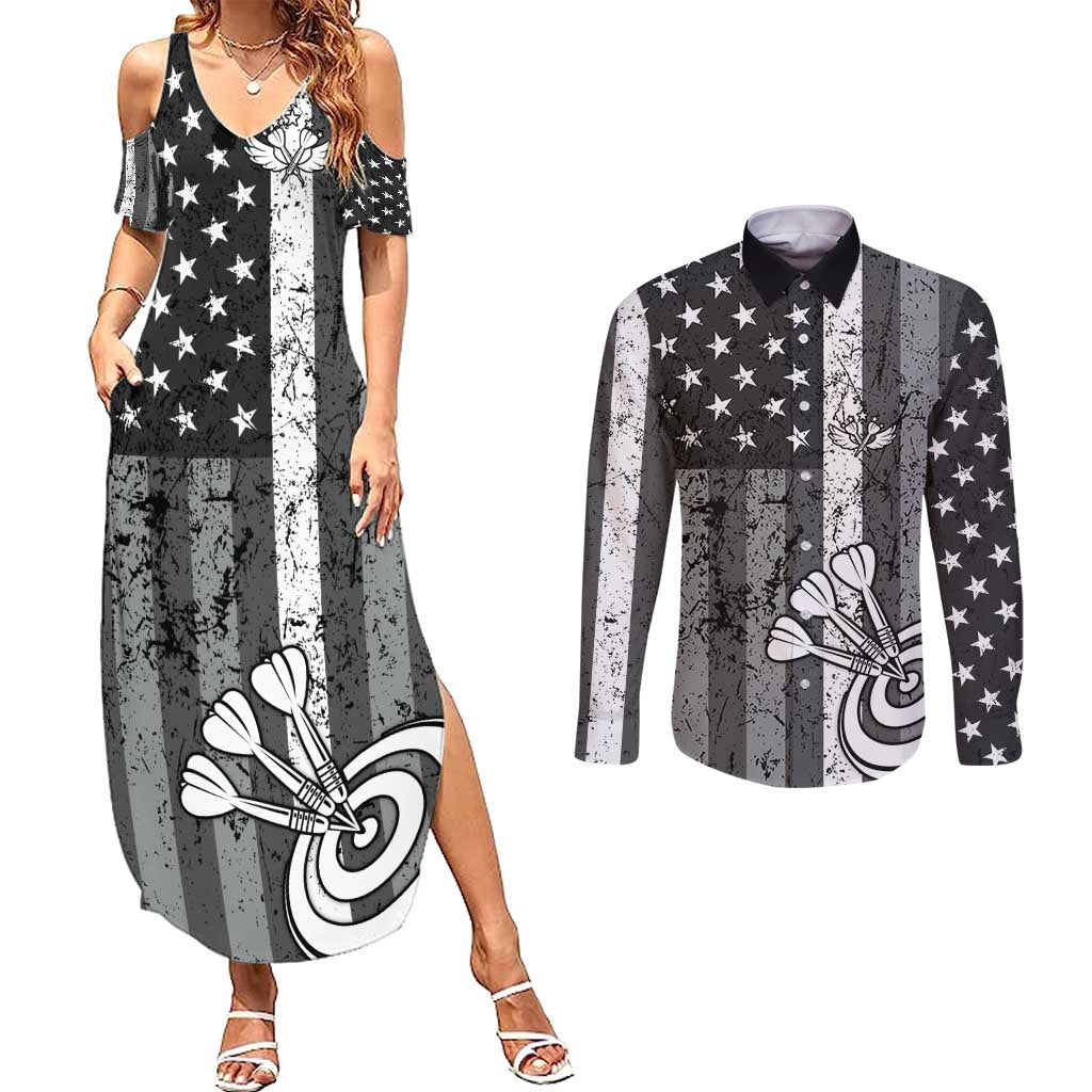 Grunge American Flag Darts Couples Matching Summer Maxi Dress and Long Sleeve Button Shirt with Dartboard Target and Black White Stars - Wonder Print Shop
