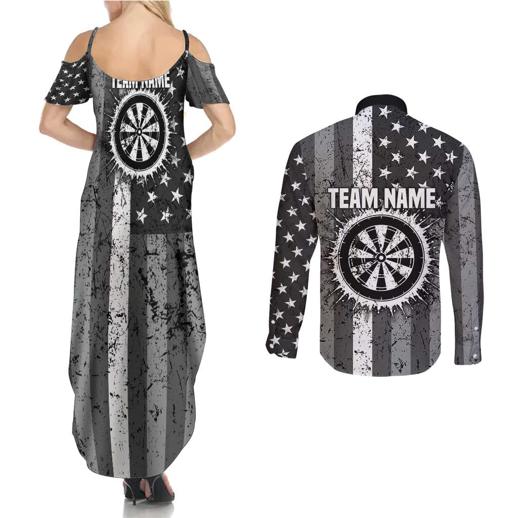 Grunge American Flag Darts Couples Matching Summer Maxi Dress and Long Sleeve Button Shirt with Dartboard Target and Black White Stars - Wonder Print Shop