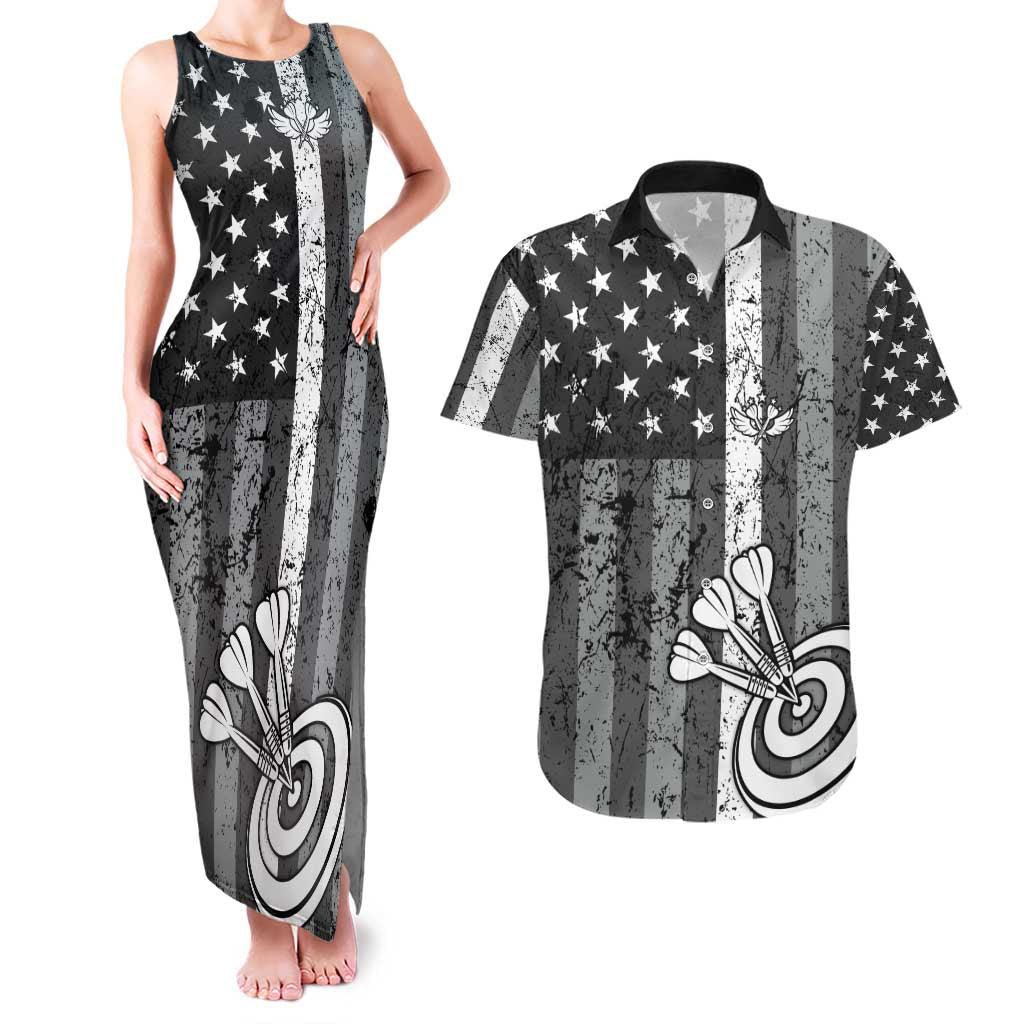 Grunge American Flag Darts Couples Matching Tank Maxi Dress and Hawaiian Shirt with Dartboard Target and Black White Stars - Wonder Print Shop