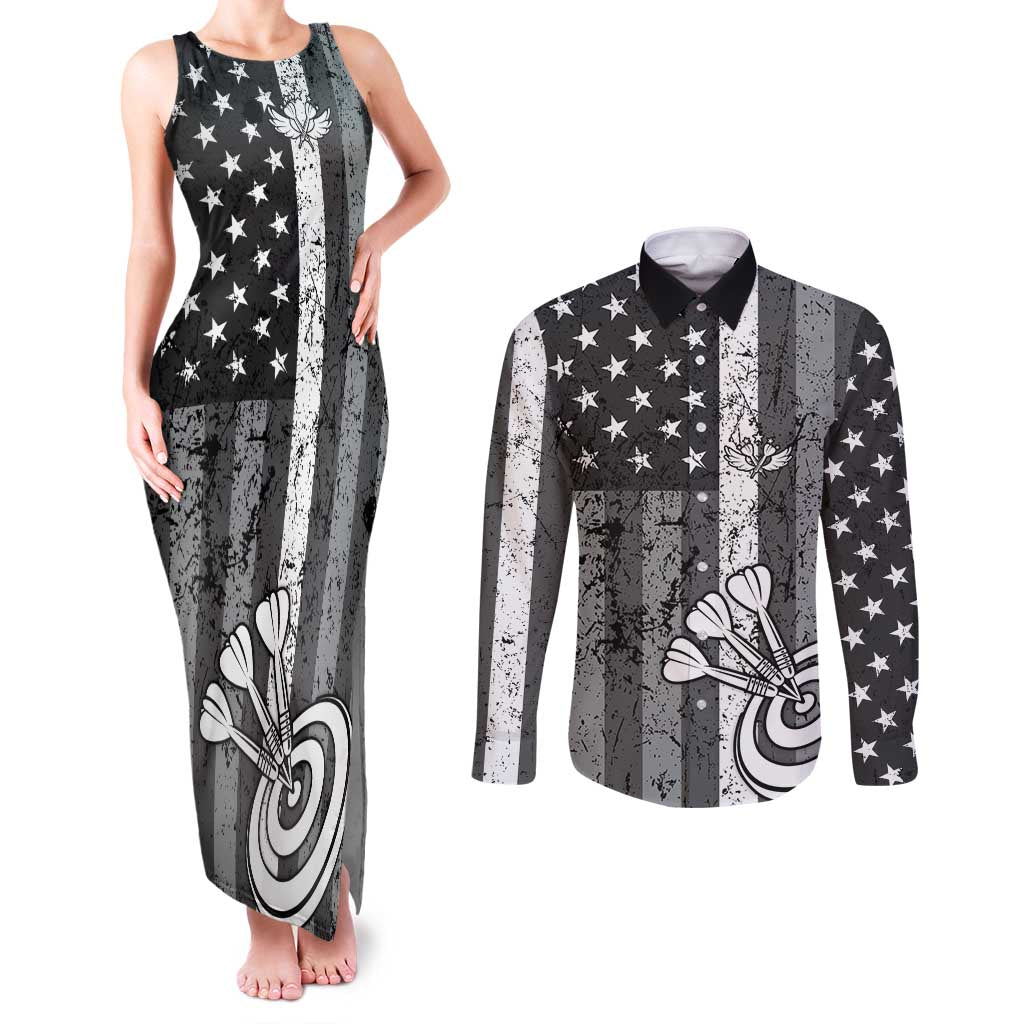 Grunge American Flag Darts Couples Matching Tank Maxi Dress and Long Sleeve Button Shirt with Dartboard Target and Black White Stars - Wonder Print Shop