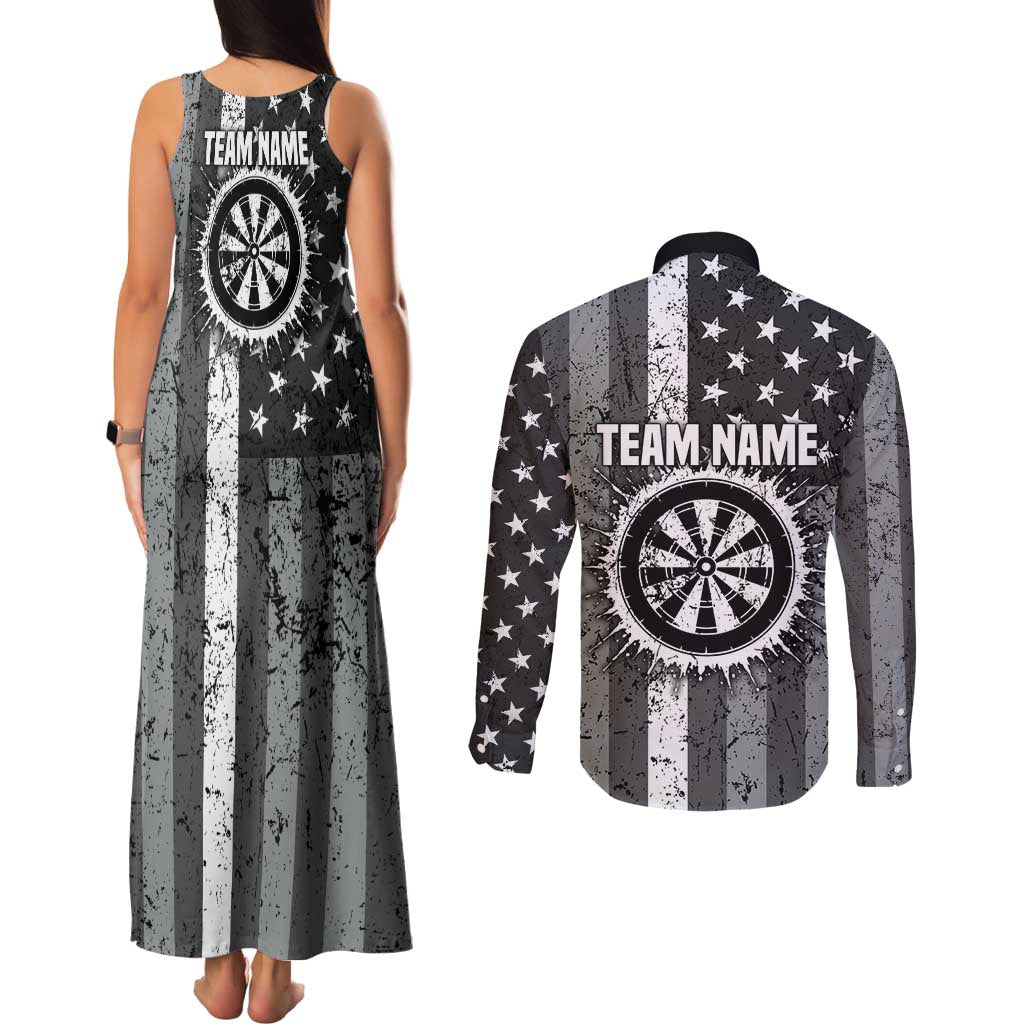 Grunge American Flag Darts Couples Matching Tank Maxi Dress and Long Sleeve Button Shirt with Dartboard Target and Black White Stars - Wonder Print Shop