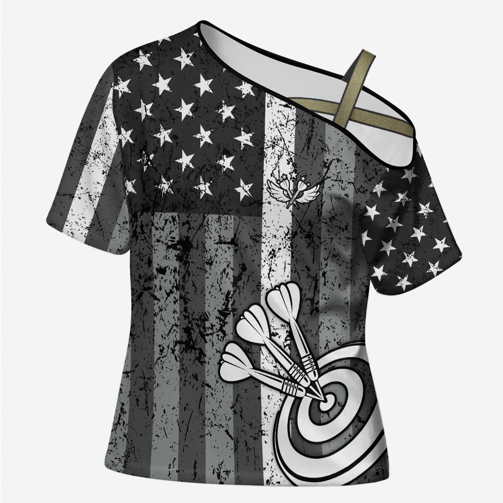 Grunge American Flag Darts Cross Shoulder Shirt with Dartboard Target and Black White Stars - Wonder Print Shop