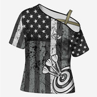 Grunge American Flag Darts Cross Shoulder Shirt with Dartboard Target and Black White Stars - Wonder Print Shop