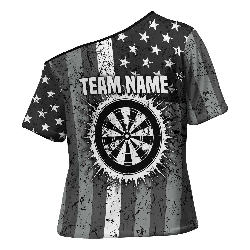 Grunge American Flag Darts Cross Shoulder Shirt with Dartboard Target and Black White Stars - Wonder Print Shop
