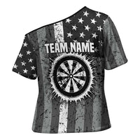 Grunge American Flag Darts Cross Shoulder Shirt with Dartboard Target and Black White Stars - Wonder Print Shop
