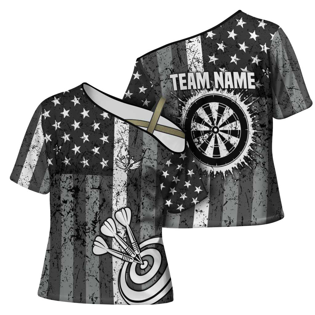 Grunge American Flag Darts Cross Shoulder Shirt with Dartboard Target and Black White Stars - Wonder Print Shop