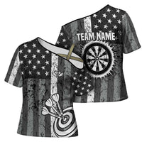 Grunge American Flag Darts Cross Shoulder Shirt with Dartboard Target and Black White Stars - Wonder Print Shop