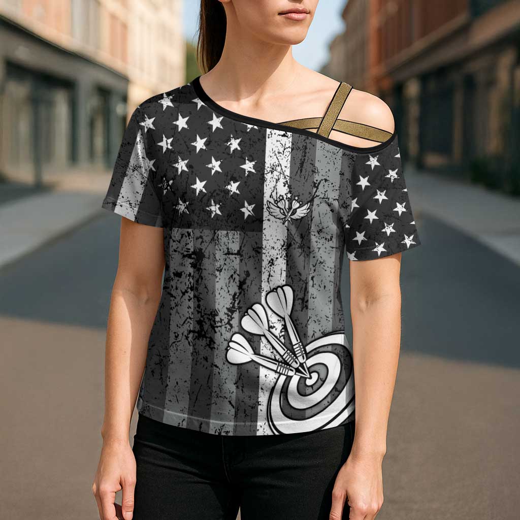 Grunge American Flag Darts Cross Shoulder Shirt with Dartboard Target and Black White Stars - Wonder Print Shop
