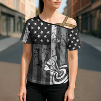 Grunge American Flag Darts Cross Shoulder Shirt with Dartboard Target and Black White Stars - Wonder Print Shop