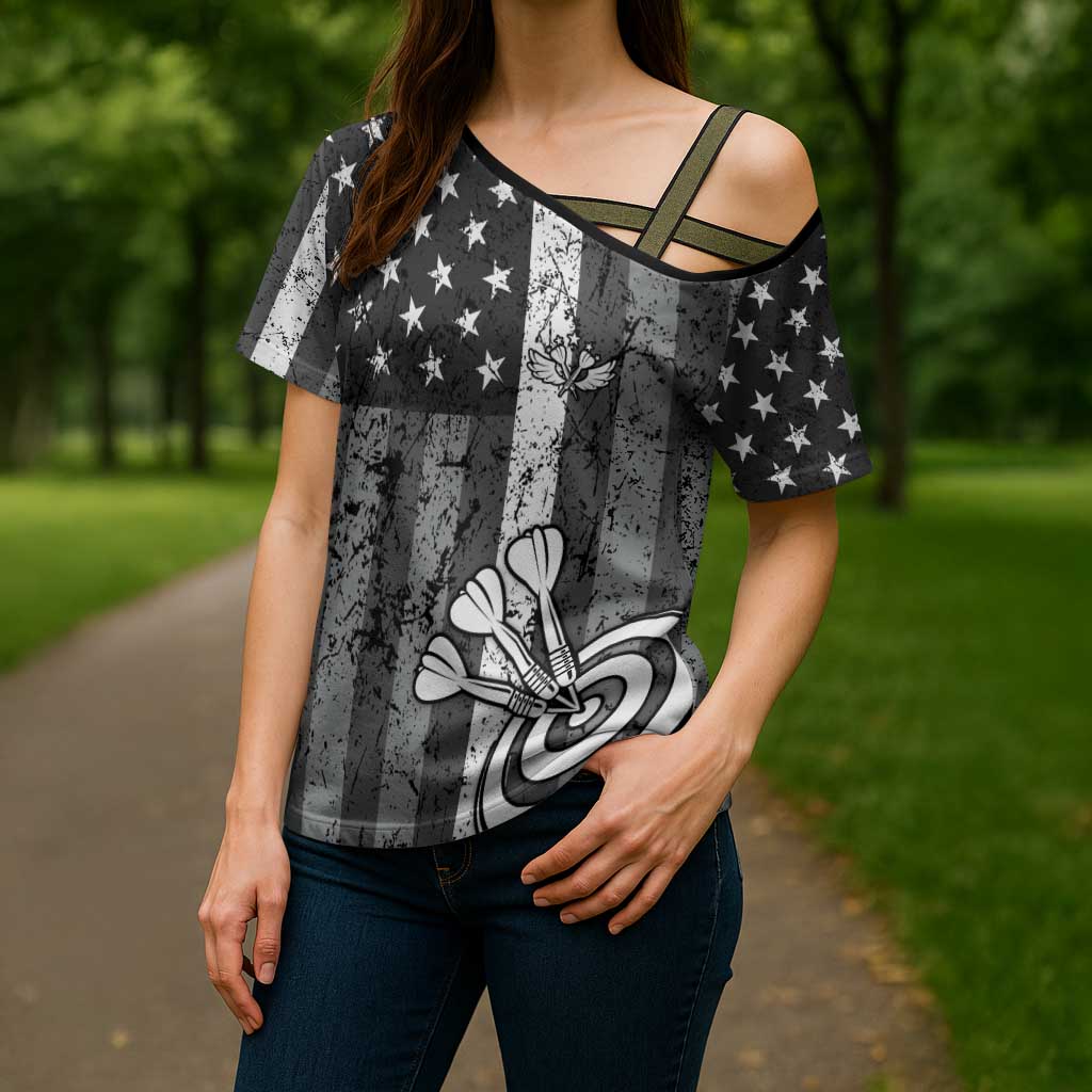 Grunge American Flag Darts Cross Shoulder Shirt with Dartboard Target and Black White Stars - Wonder Print Shop