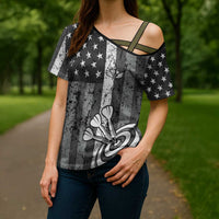 Grunge American Flag Darts Cross Shoulder Shirt with Dartboard Target and Black White Stars - Wonder Print Shop