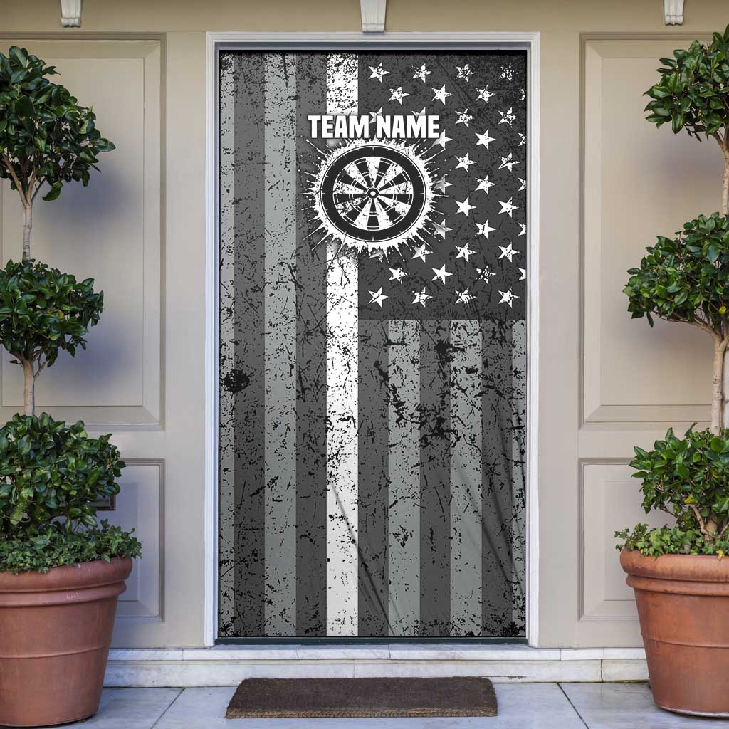 Grunge American Flag Darts Door Cover with Dartboard Target and Black White Stars - Wonder Print Shop