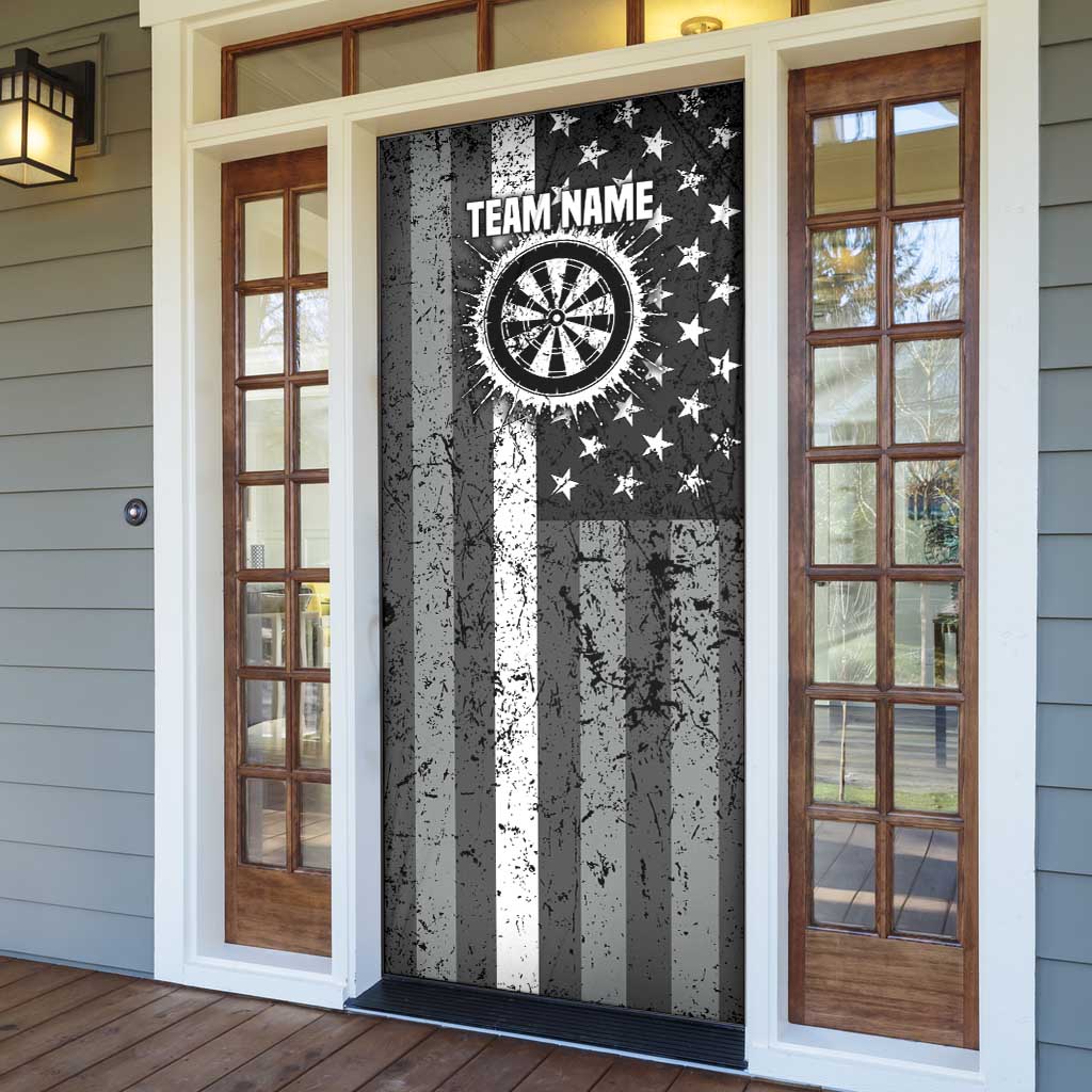 Grunge American Flag Darts Door Cover with Dartboard Target and Black White Stars - Wonder Print Shop