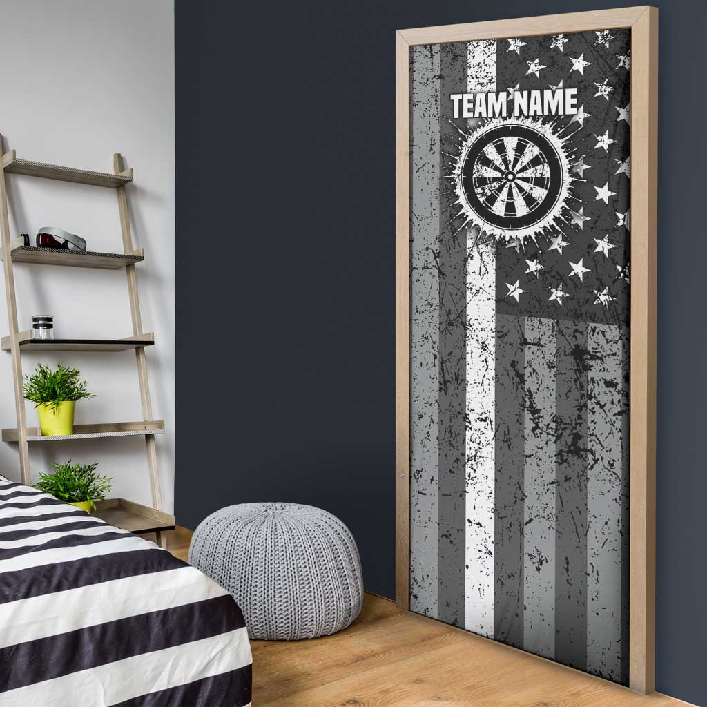 Grunge American Flag Darts Door Cover with Dartboard Target and Black White Stars - Wonder Print Shop