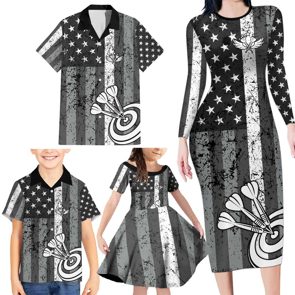 Grunge American Flag Darts Family Matching Long Sleeve Bodycon Dress and Hawaiian Shirt with Dartboard Target and Black White Stars - Wonder Print Shop