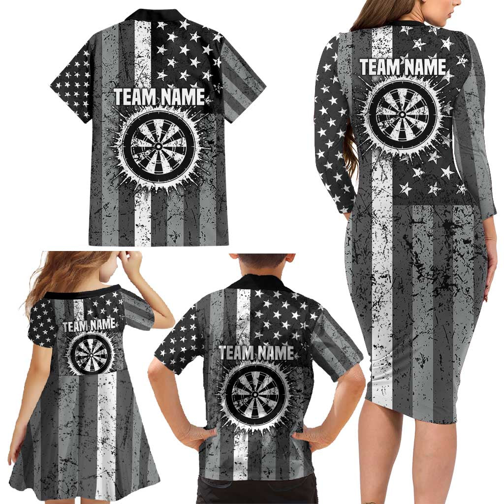 Grunge American Flag Darts Family Matching Long Sleeve Bodycon Dress and Hawaiian Shirt with Dartboard Target and Black White Stars - Wonder Print Shop