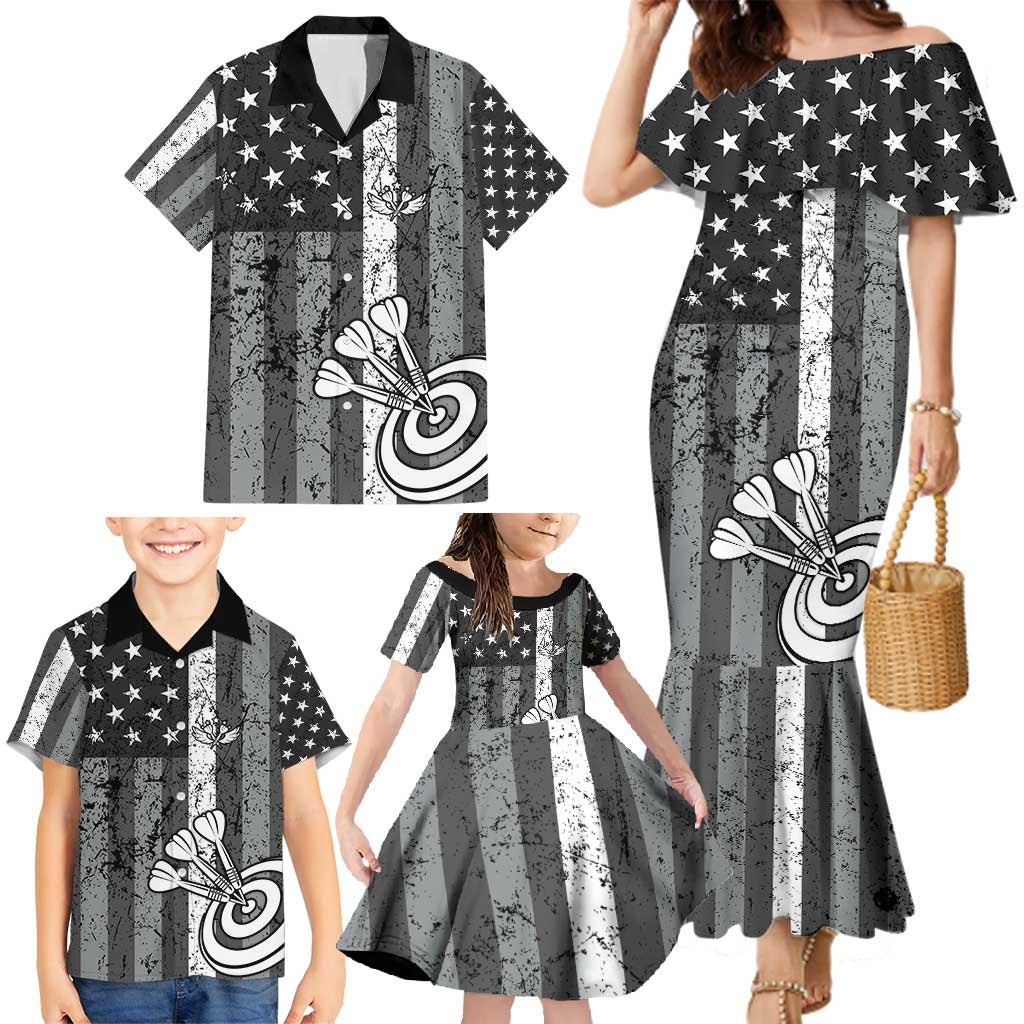 Grunge American Flag Darts Family Matching Mermaid Dress and Hawaiian Shirt with Dartboard Target and Black White Stars - Wonder Print Shop
