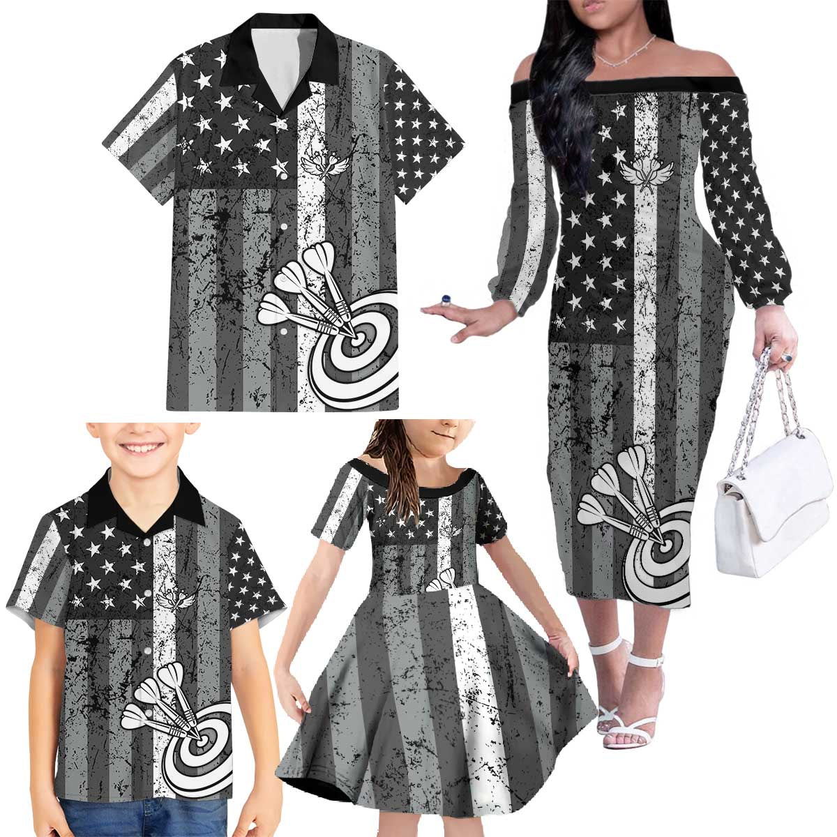 Grunge American Flag Darts Family Matching Off The Shoulder Long Sleeve Dress and Hawaiian Shirt with Dartboard Target and Black White Stars - Wonder Print Shop