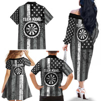 Grunge American Flag Darts Family Matching Off The Shoulder Long Sleeve Dress and Hawaiian Shirt with Dartboard Target and Black White Stars - Wonder Print Shop
