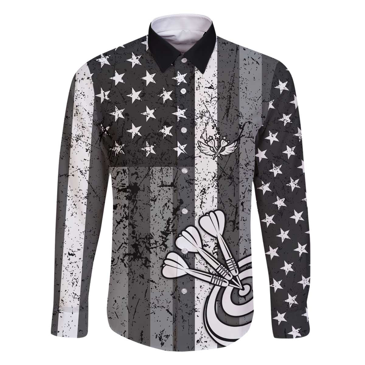 Grunge American Flag Darts Family Matching Off The Shoulder Long Sleeve Dress and Hawaiian Shirt with Dartboard Target and Black White Stars - Wonder Print Shop