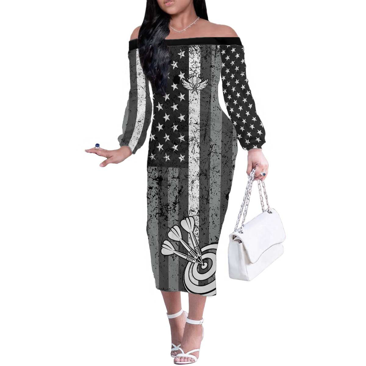 Grunge American Flag Darts Family Matching Off The Shoulder Long Sleeve Dress and Hawaiian Shirt with Dartboard Target and Black White Stars - Wonder Print Shop