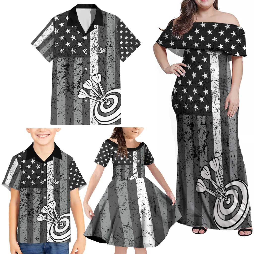 Grunge American Flag Darts Family Matching Off Shoulder Maxi Dress and Hawaiian Shirt with Dartboard Target and Black White Stars - Wonder Print Shop