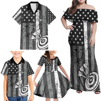 Grunge American Flag Darts Family Matching Off Shoulder Maxi Dress and Hawaiian Shirt with Dartboard Target and Black White Stars - Wonder Print Shop