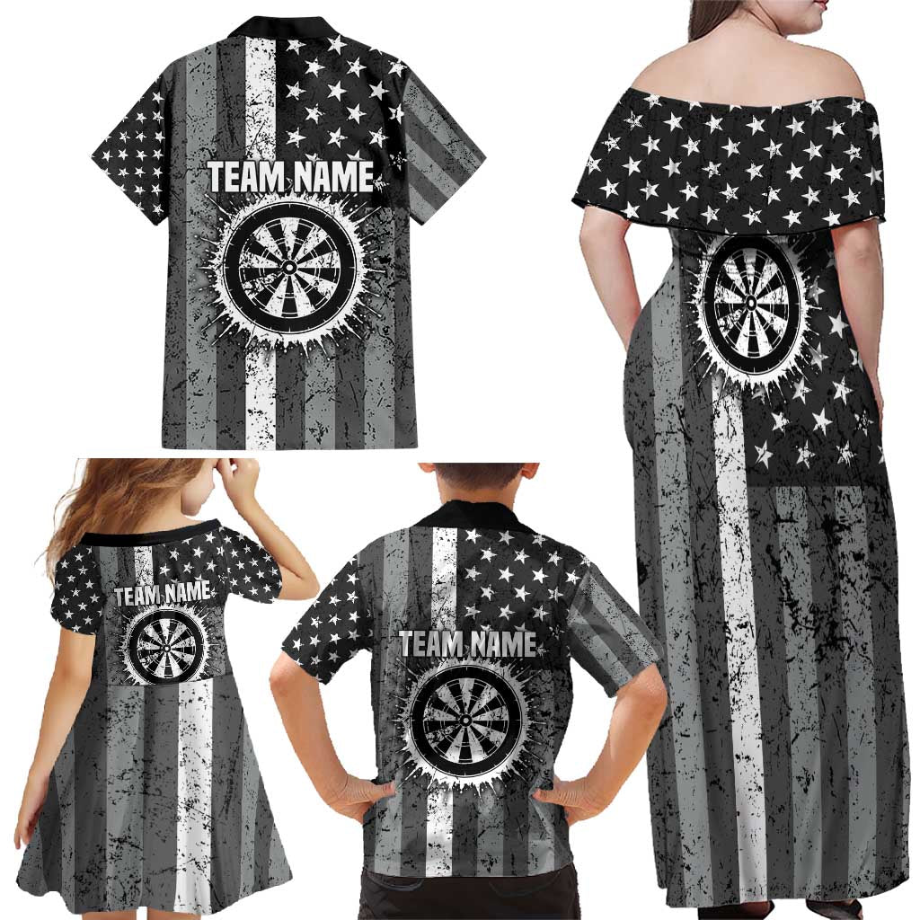 Grunge American Flag Darts Family Matching Off Shoulder Maxi Dress and Hawaiian Shirt with Dartboard Target and Black White Stars - Wonder Print Shop