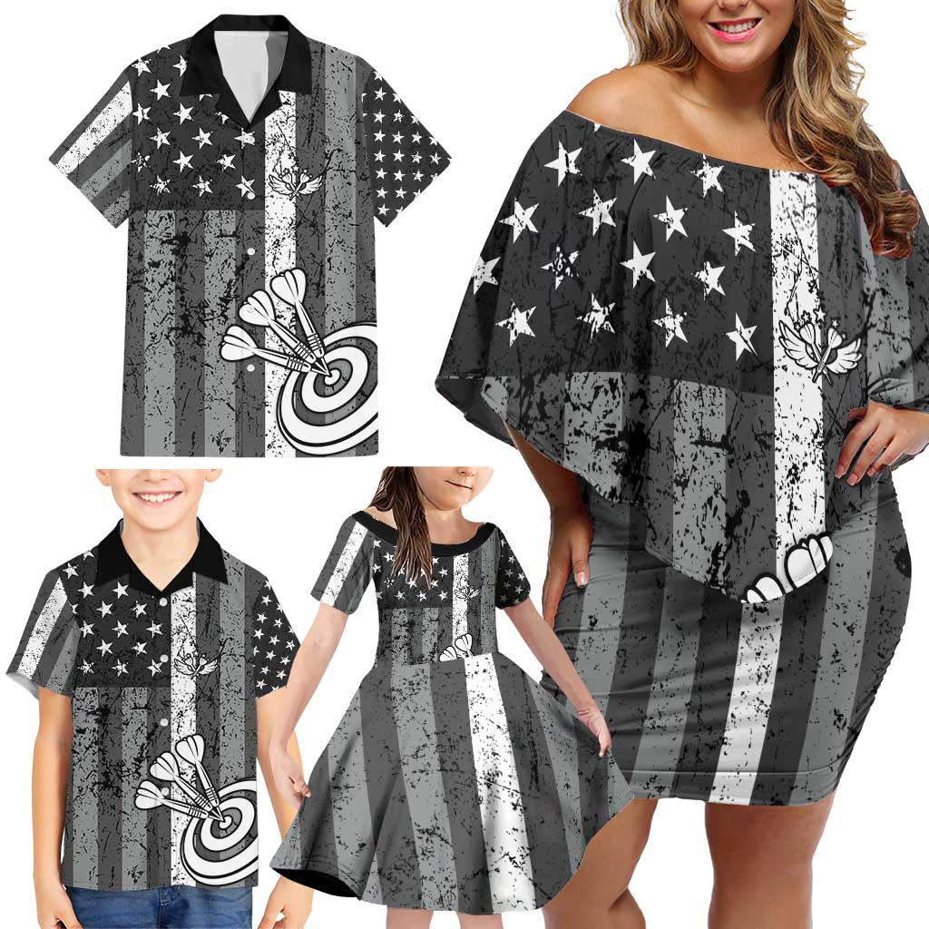 Grunge American Flag Darts Family Matching Off Shoulder Short Dress and Hawaiian Shirt with Dartboard Target and Black White Stars - Wonder Print Shop