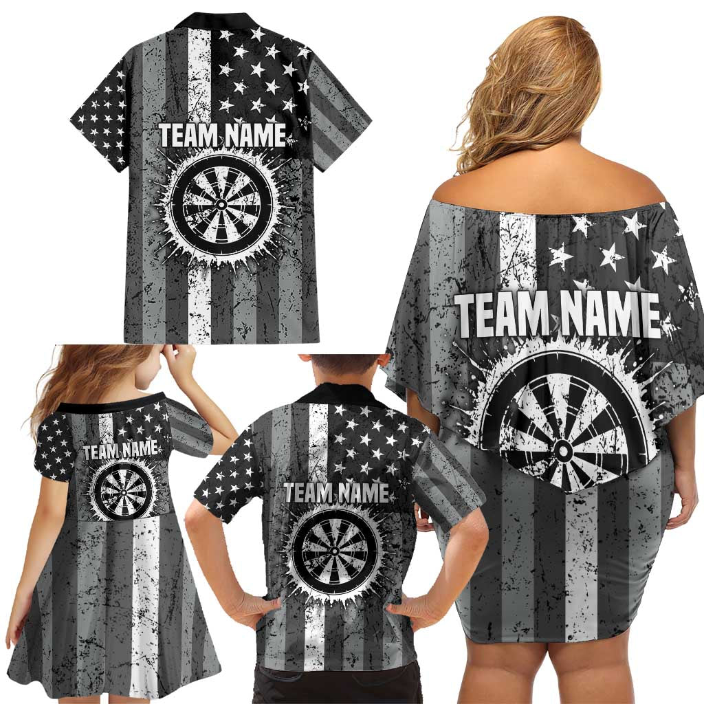 Grunge American Flag Darts Family Matching Off Shoulder Short Dress and Hawaiian Shirt with Dartboard Target and Black White Stars - Wonder Print Shop