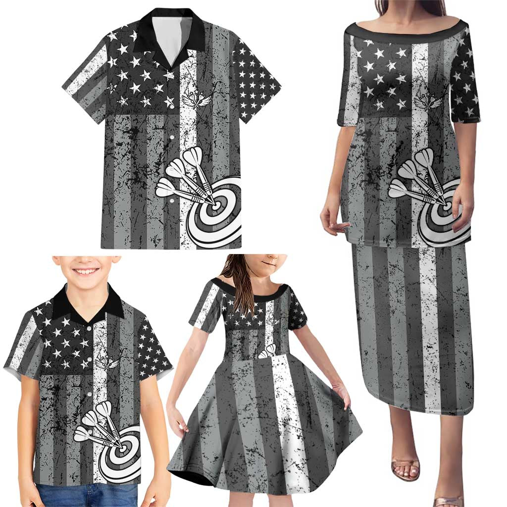 Grunge American Flag Darts Family Matching Puletasi and Hawaiian Shirt with Dartboard Target and Black White Stars - Wonder Print Shop