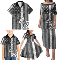 Grunge American Flag Darts Family Matching Puletasi and Hawaiian Shirt with Dartboard Target and Black White Stars - Wonder Print Shop