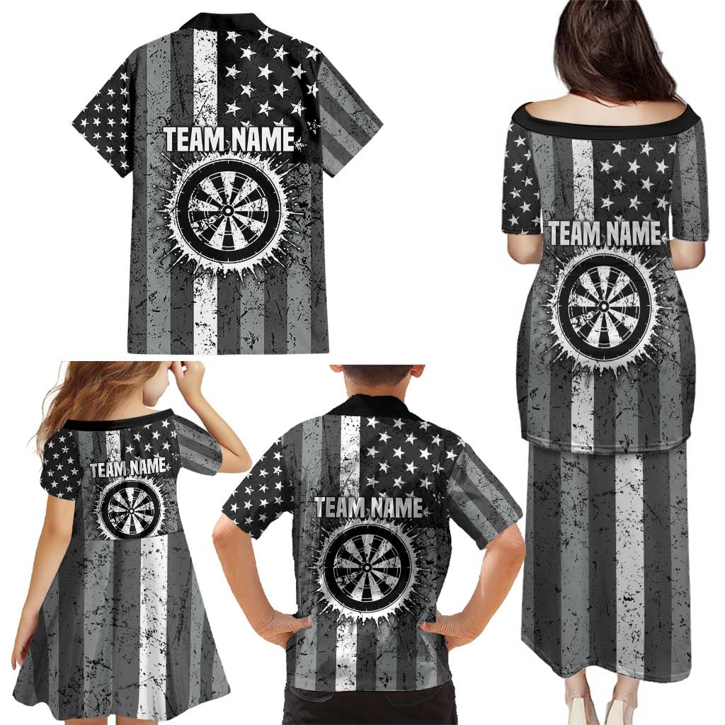 Grunge American Flag Darts Family Matching Puletasi and Hawaiian Shirt with Dartboard Target and Black White Stars - Wonder Print Shop