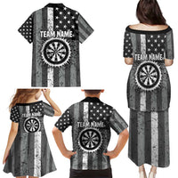 Grunge American Flag Darts Family Matching Puletasi and Hawaiian Shirt with Dartboard Target and Black White Stars - Wonder Print Shop