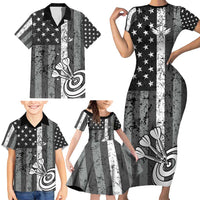 Grunge American Flag Darts Family Matching Short Sleeve Bodycon Dress and Hawaiian Shirt with Dartboard Target and Black White Stars - Wonder Print Shop