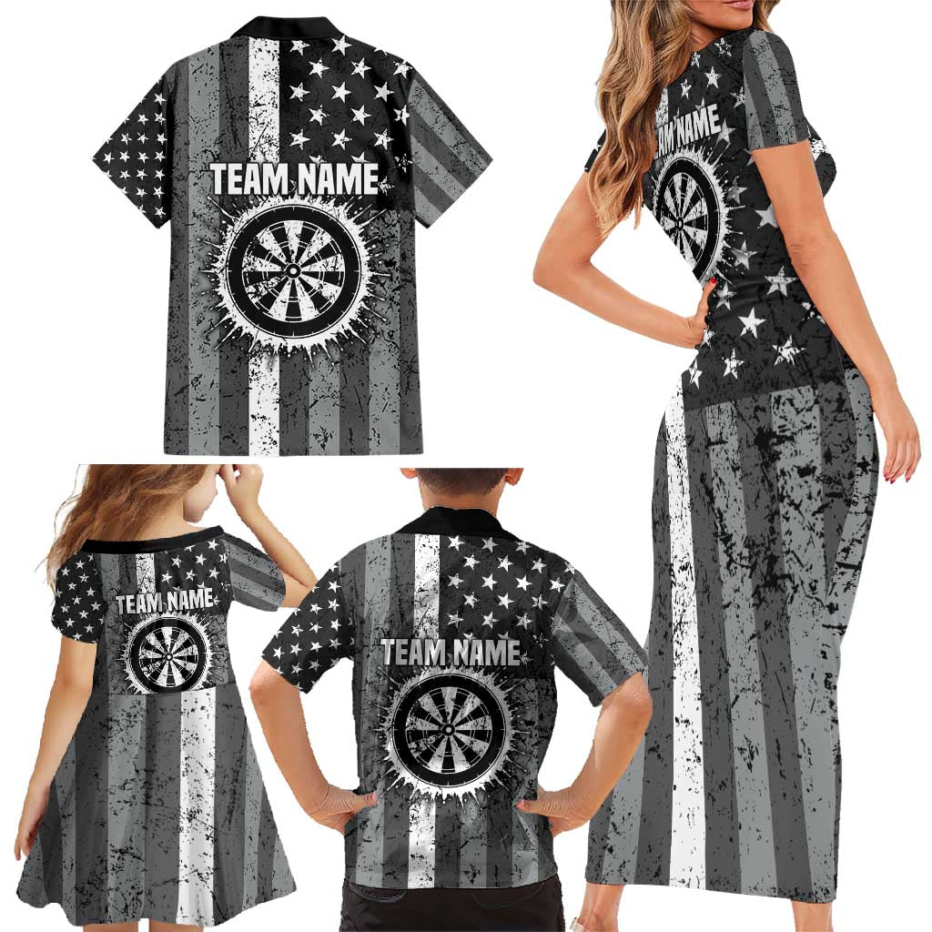 Grunge American Flag Darts Family Matching Short Sleeve Bodycon Dress and Hawaiian Shirt with Dartboard Target and Black White Stars - Wonder Print Shop