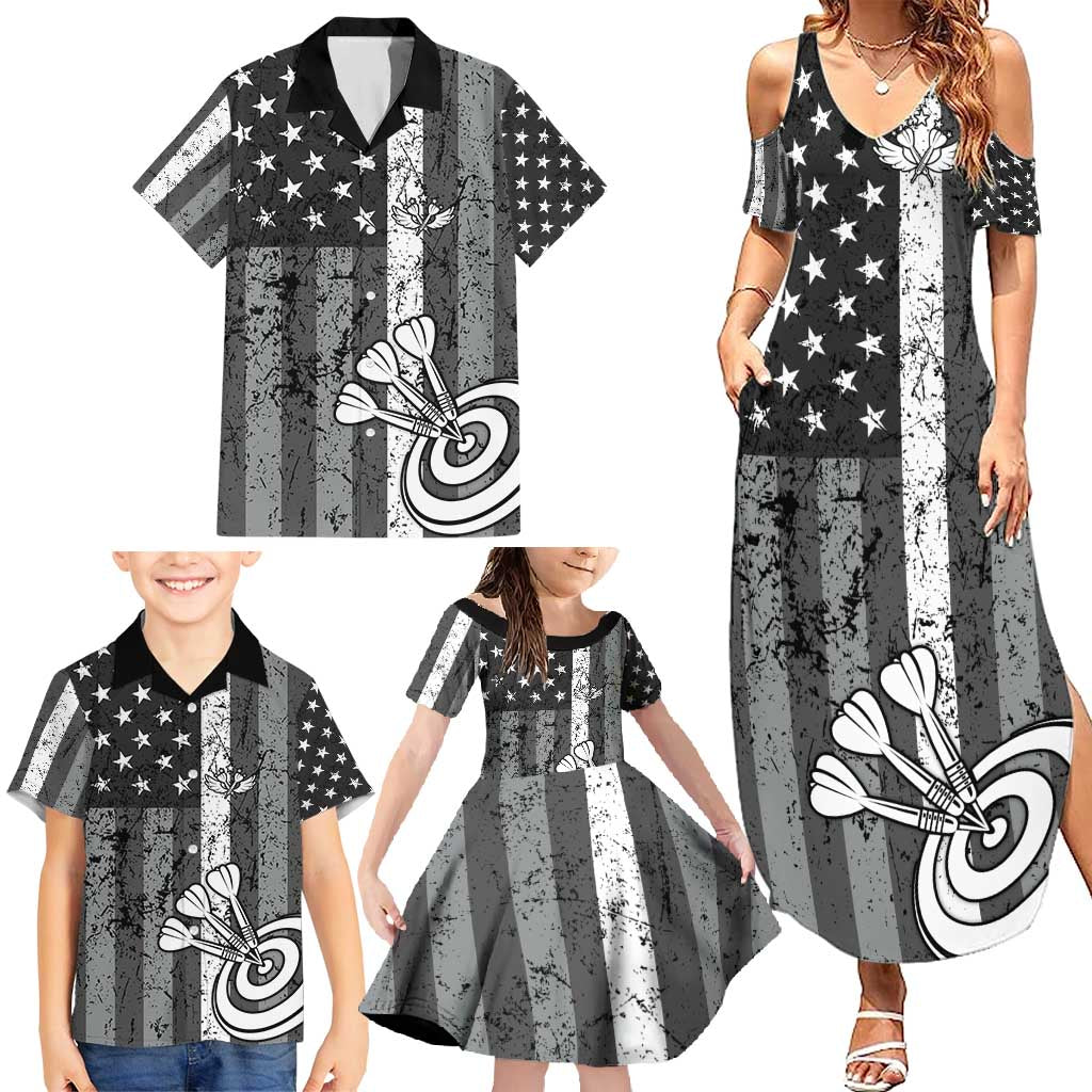 Grunge American Flag Darts Family Matching Summer Maxi Dress and Hawaiian Shirt with Dartboard Target and Black White Stars - Wonder Print Shop