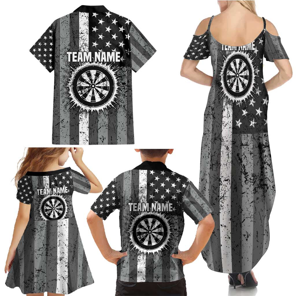 Grunge American Flag Darts Family Matching Summer Maxi Dress and Hawaiian Shirt with Dartboard Target and Black White Stars - Wonder Print Shop