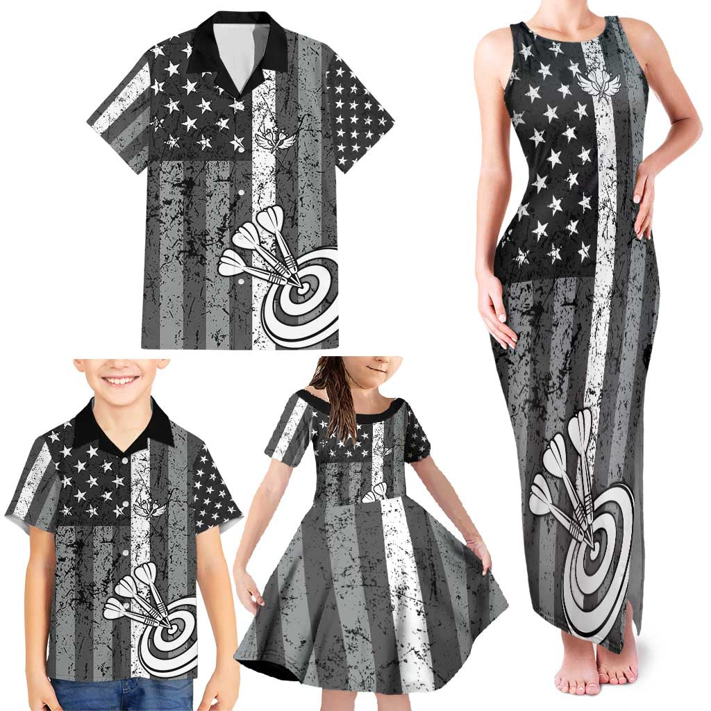 Grunge American Flag Darts Family Matching Tank Maxi Dress and Hawaiian Shirt with Dartboard Target and Black White Stars - Wonder Print Shop
